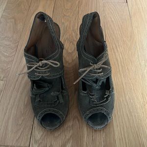 Rachel Comey olive green suede kilty clogs